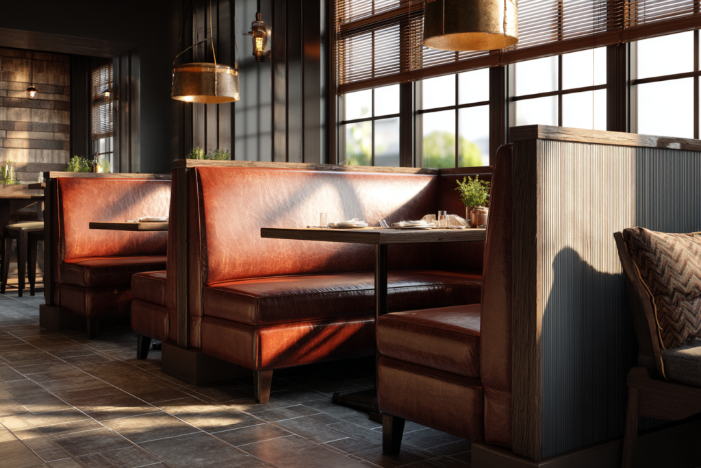 Luxuriöse, maßgefertigte Bar-Logen, eingebaut in eine elegante Restaurant-Nische