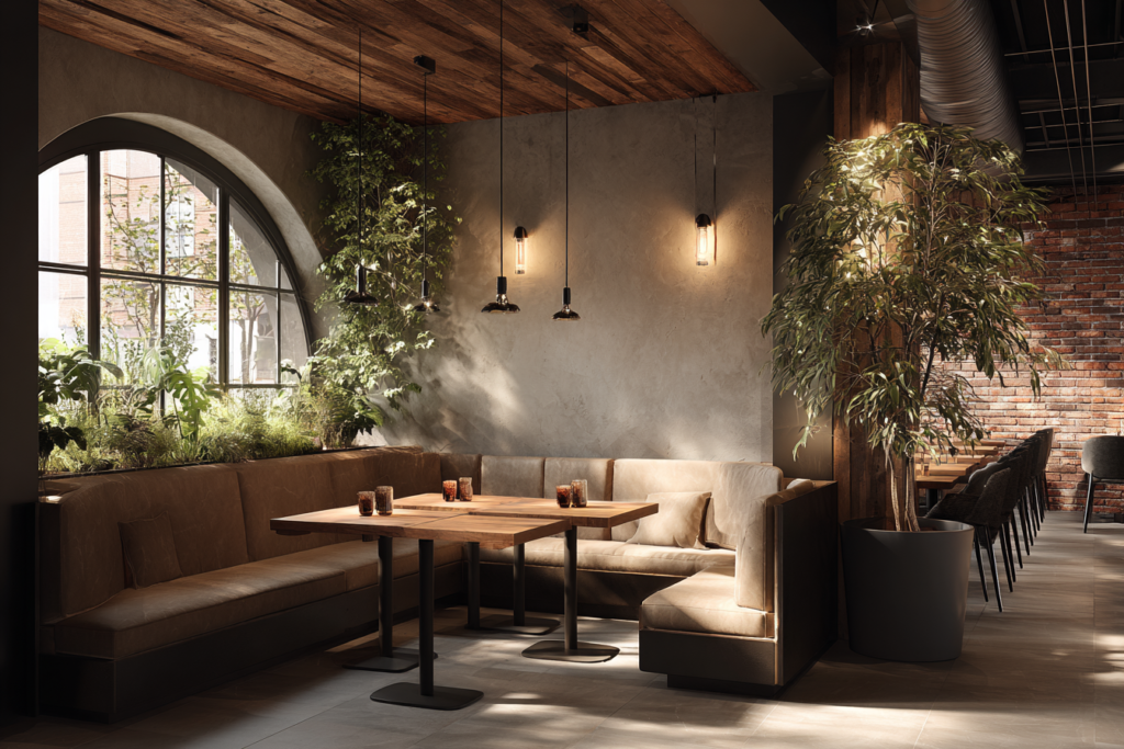 Modern modular booths and custom-built furniture in the restaurant’s interior design