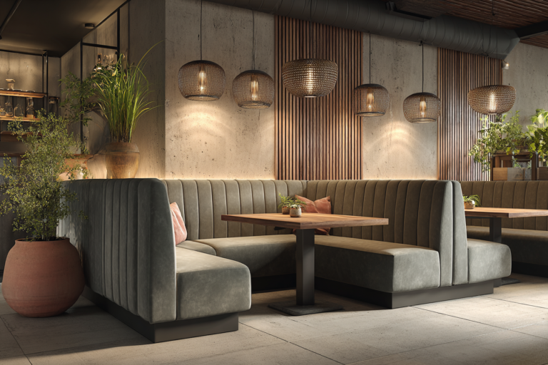 Sturdy bar stools installed in a modern bistro that operates 24 hours a day