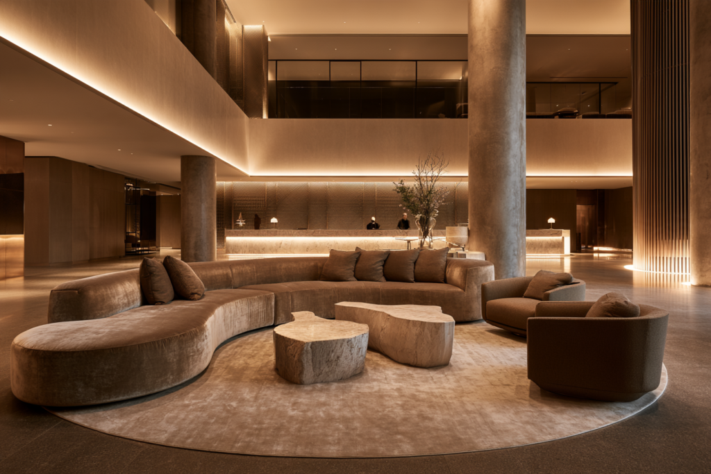 Eleganckie lobby hotelowe z wygodnymi fotelami, sofami modułowymi i strefą recepcyjną