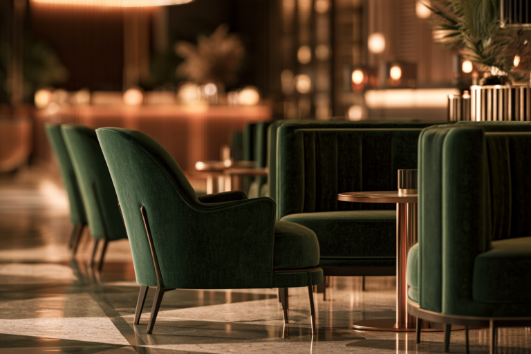 Tapicerowane loże barowe, krzesła i fotele ze standardem Oeko-Tex w hotelowym lobby i restauracji