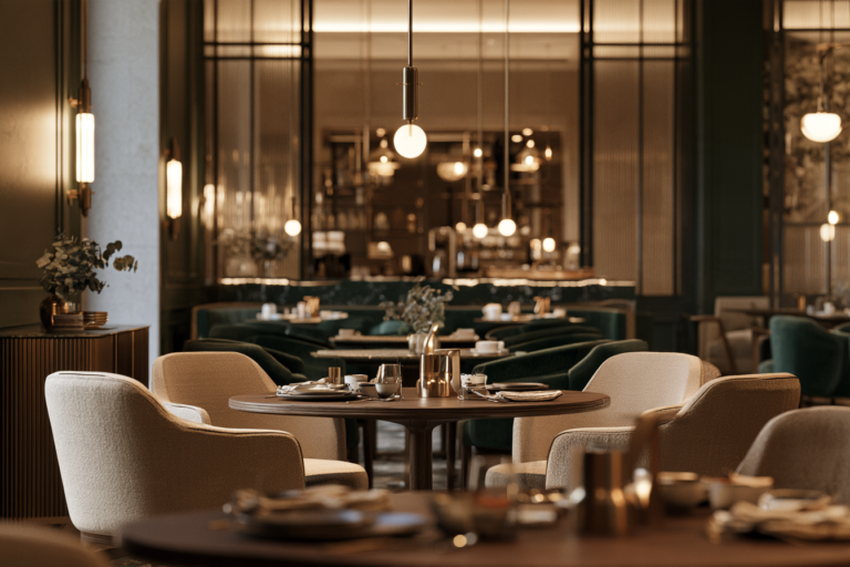 Hotel furniture in an elegant hotel restaurant with upholstered armchairs